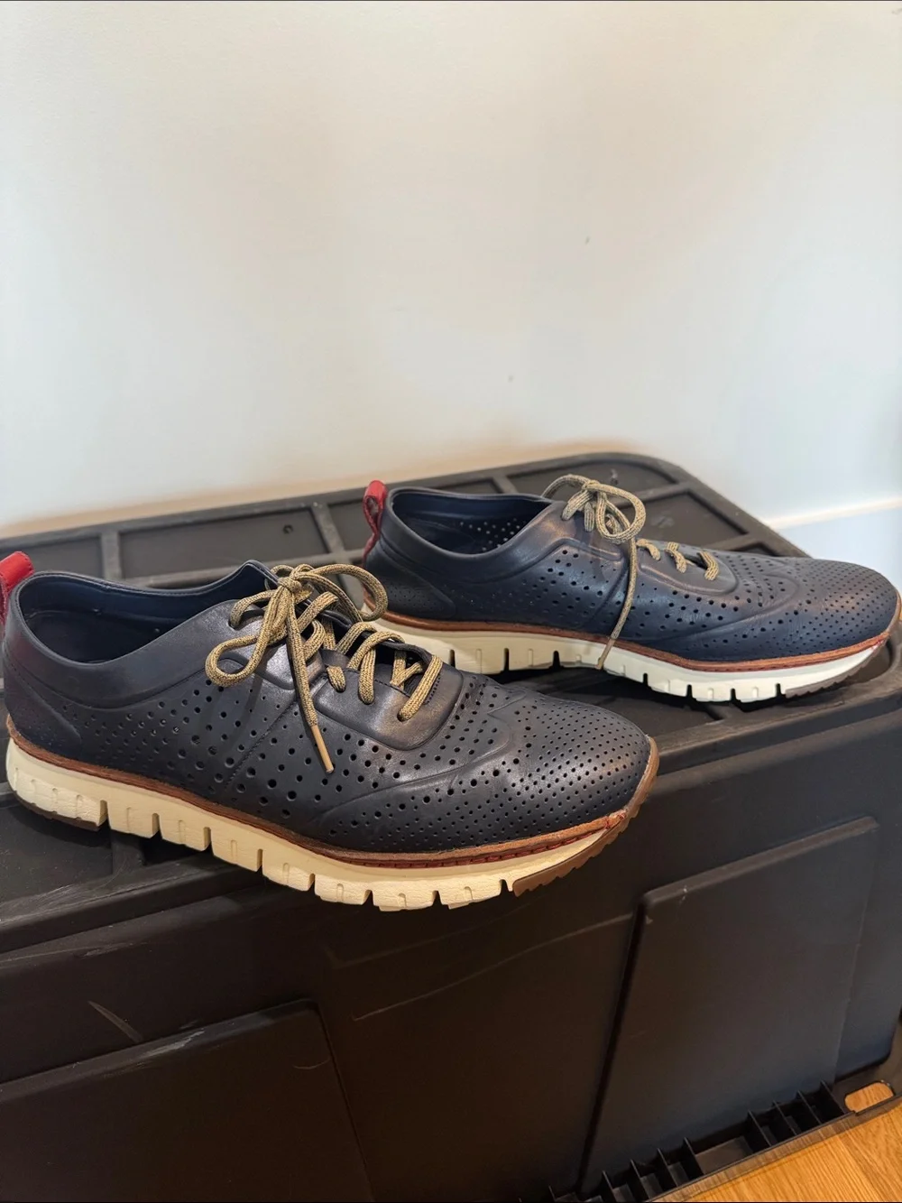 Cole Haan Navy Perforated Leather Oxfords with Tan Laces and Red Heel Tabs